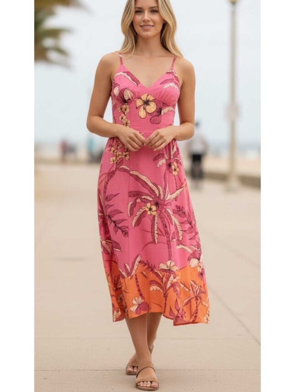 NWT Donna Morgan Size 10 Tropical Print Linen Blend Midi Dress [COPY]